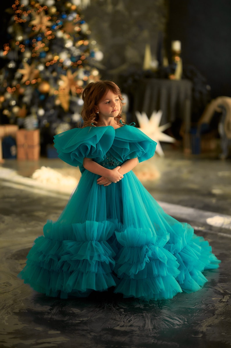 Aquamarine dress, Turquoise flower girl dress ,Tulle flower girl dress, Princess dress, Flower girl dress with train, Off the shoulder dress image 4