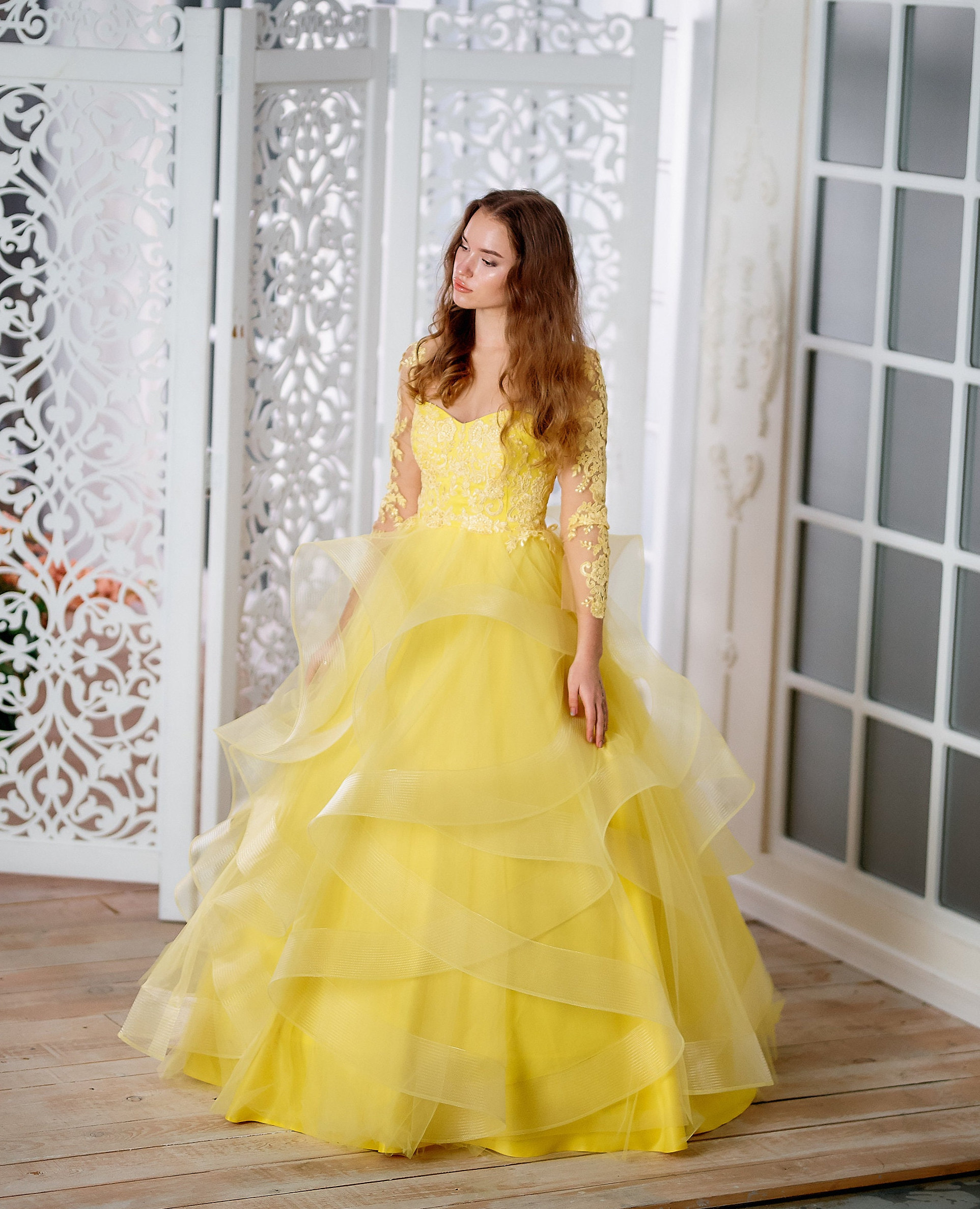 Yellow evening long dress, Corset dress, Prom tulle dress, Dress for photoshoot