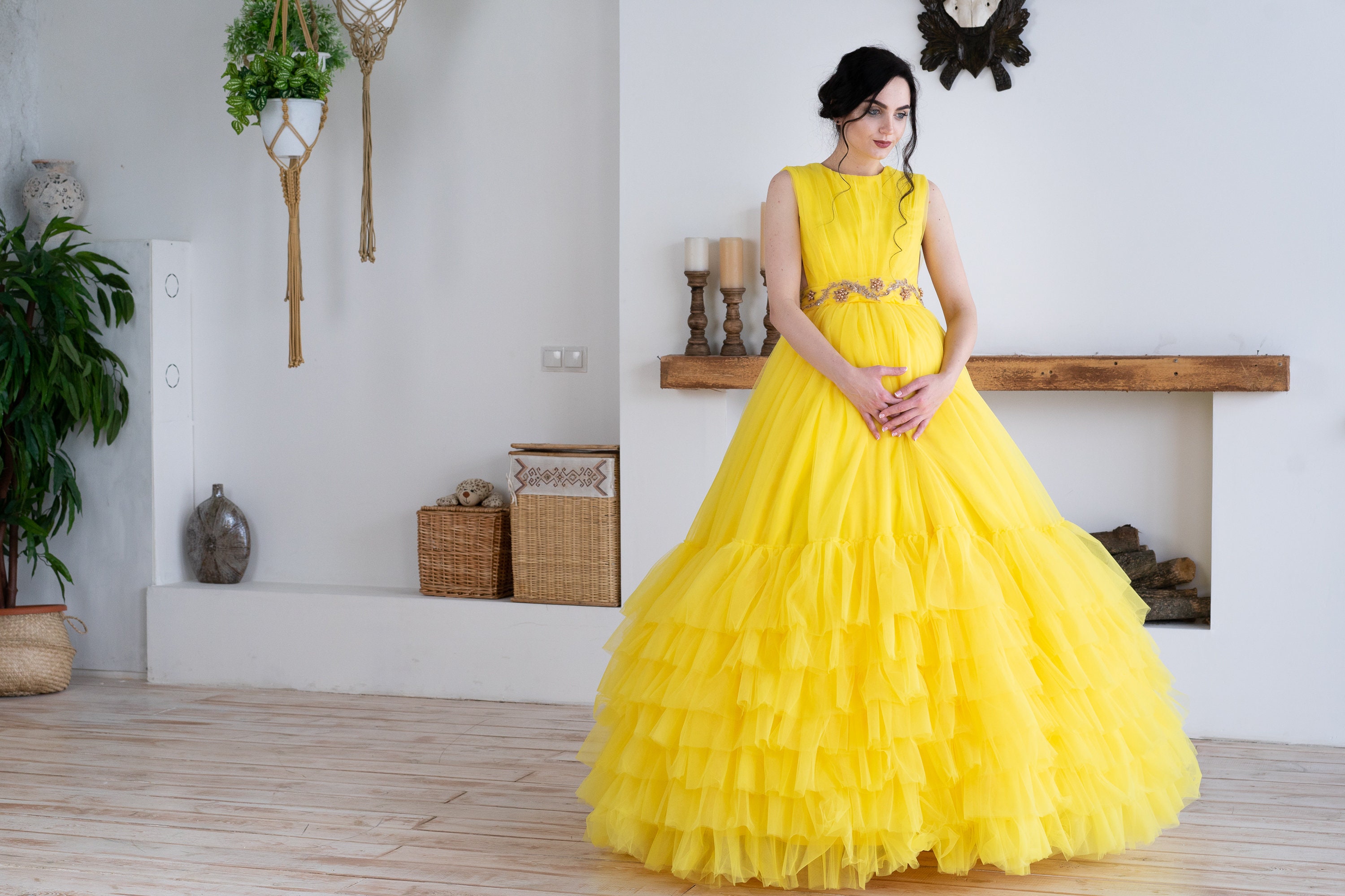 Baby Shower Dress, Maternity Dress, Yellow Maternity Gown for Photoshoot, Maternity Clothes
