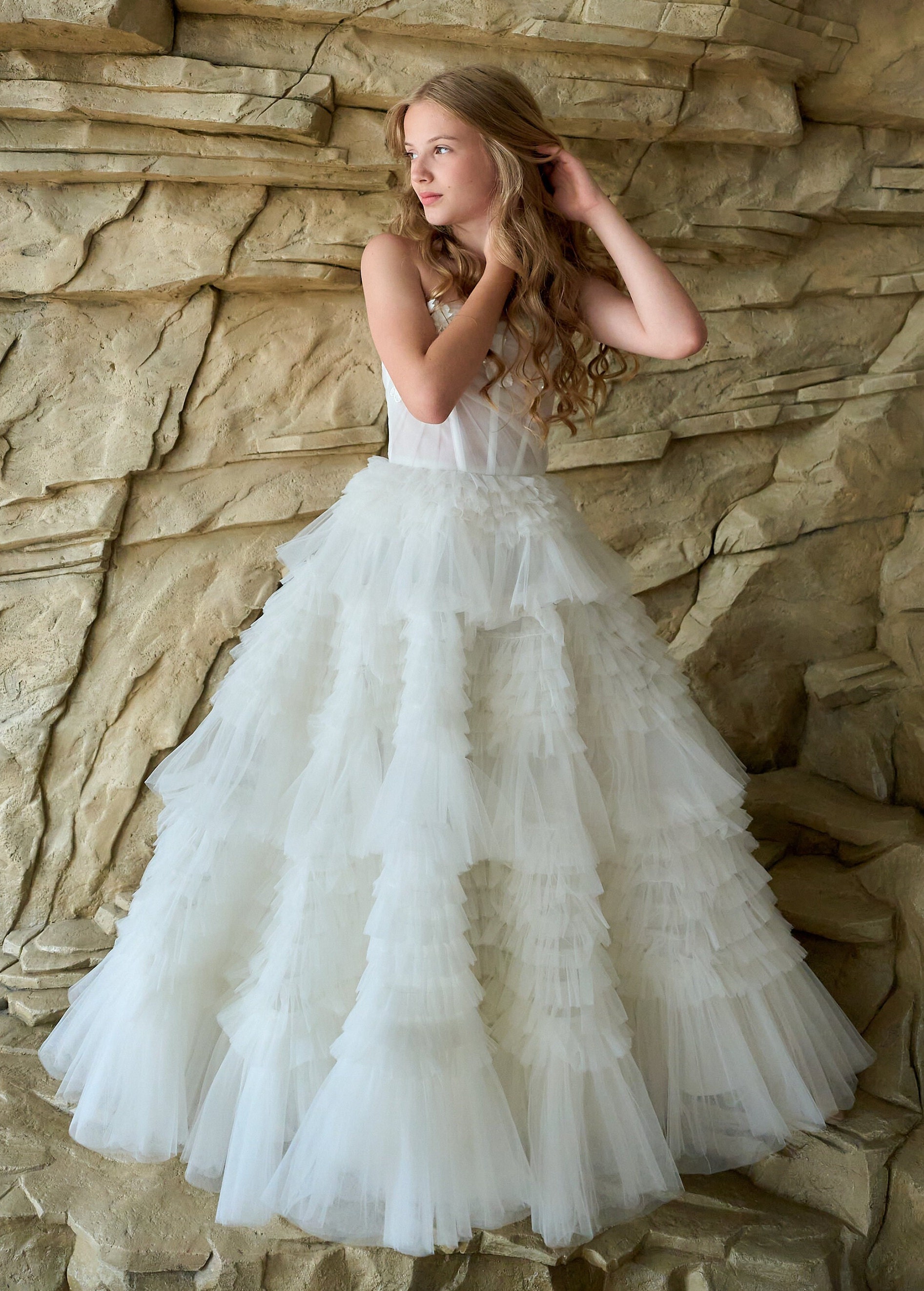 Ivory Flower girl dress, Junior bridesmaid dress, Flower girl dress toddler, Tulle dress for photo shoot