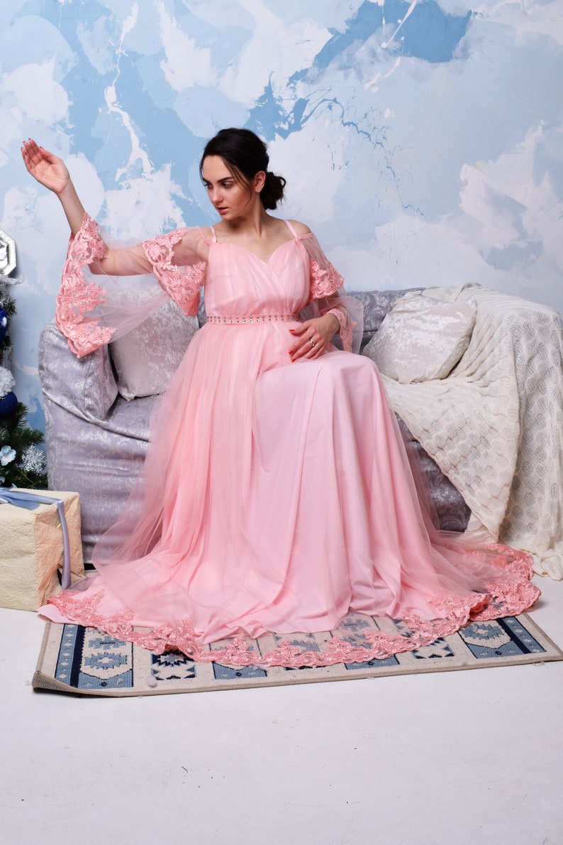 Long Pink Lace Maternity Dress Baby Shower Dress Maternity Etsy