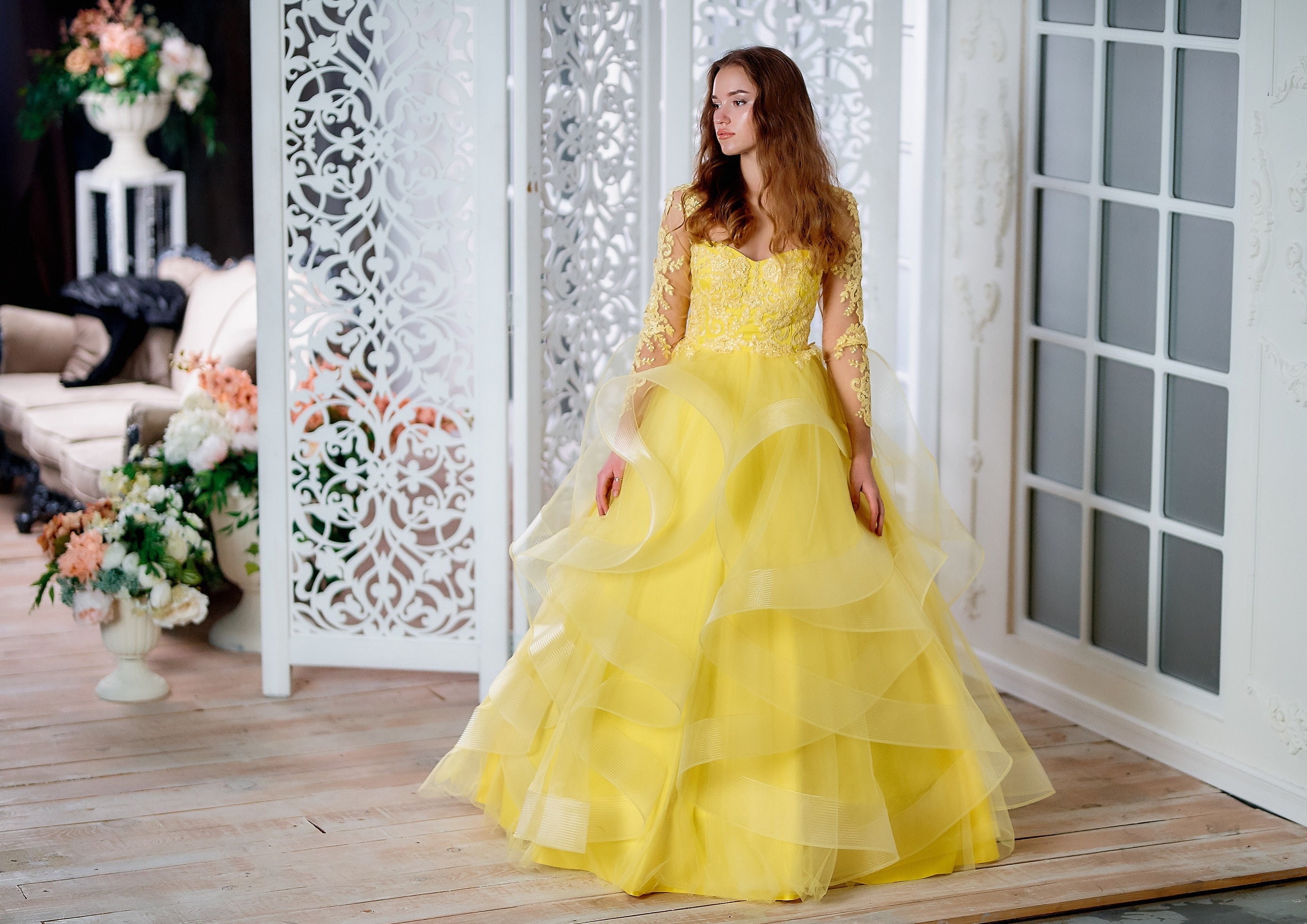 slim fit dress slacks AGUA MAXI DRESS IN YELLOW CRINKLE CHIFFON – DE LA VALI OFFICIAL main image 0