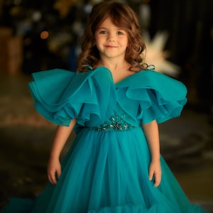 Aquamarine dress, Turquoise flower girl dress ,Tulle flower girl dress, Princess dress, Flower girl dress with train, Off the shoulder dress image 6