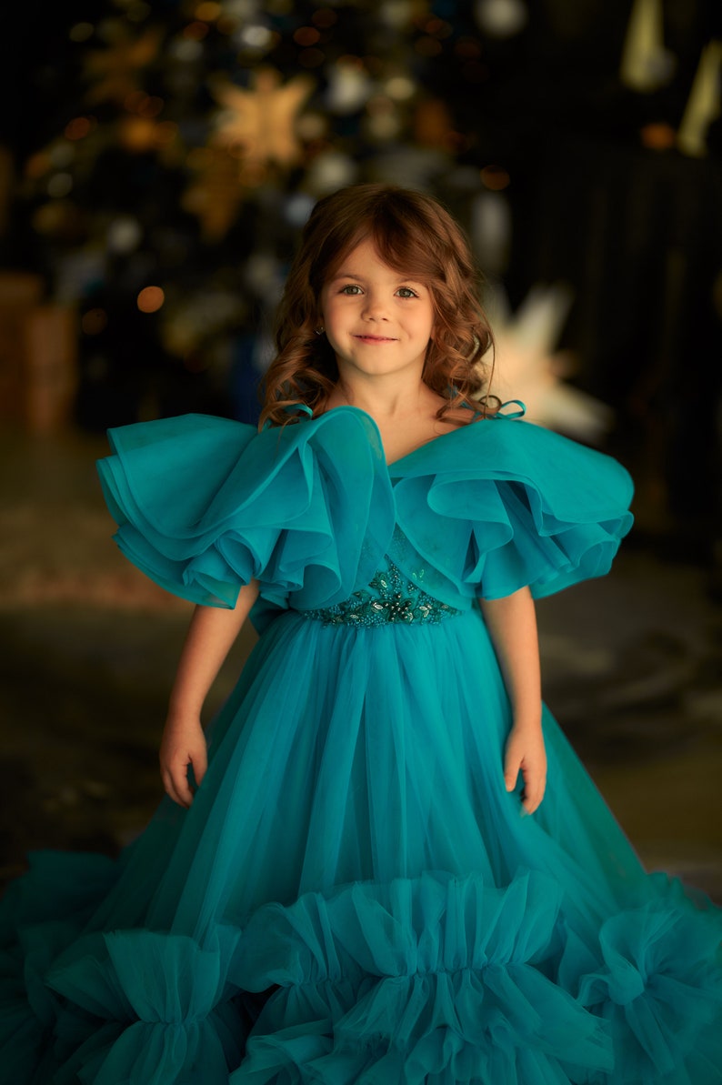 Aquamarine dress, Turquoise flower girl dress ,Tulle flower girl dress, Princess dress, Flower girl dress with train, Off the shoulder dress image 6