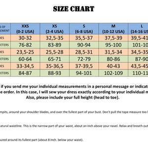 May include: Size chart for clothing with measurements in inches and centimeters. The chart includes sizes XXS to XL, with corresponding bust, waist, and hip measurements for each size.