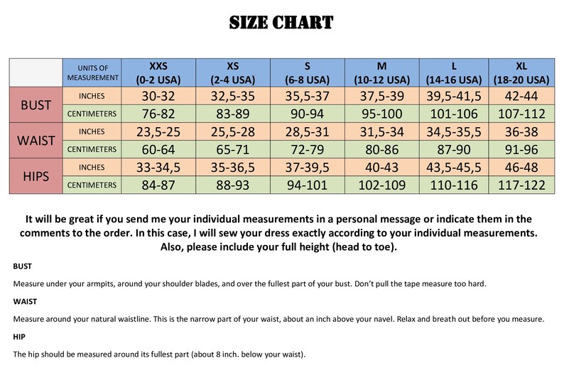 May include: Size chart for clothing with measurements in inches and centimeters. The chart includes sizes XXS to XL, with corresponding bust, waist, and hip measurements for each size.