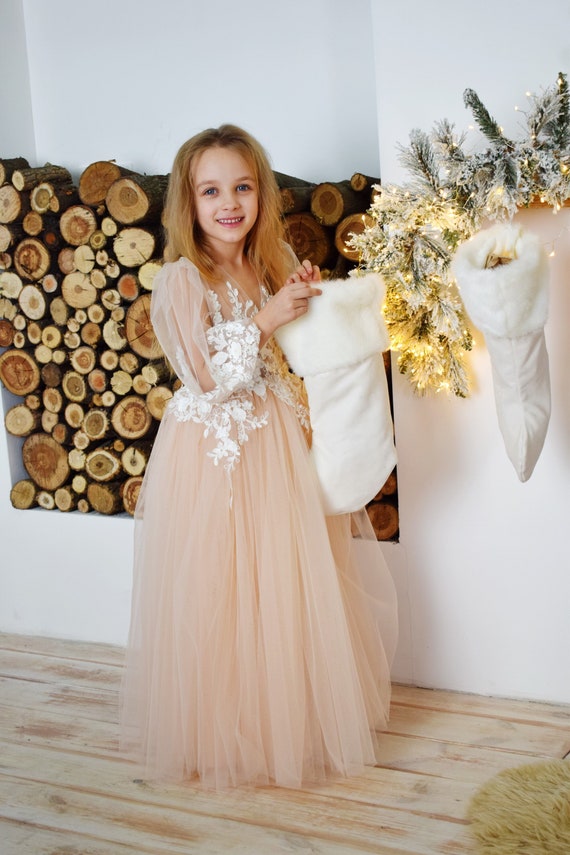Beige girl dress, Baby girl dress, Princess dress, Party dress