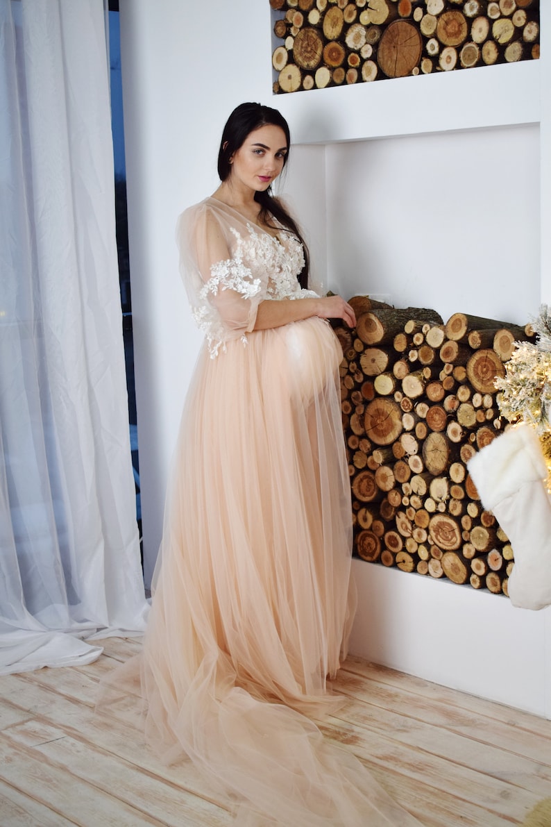 Long beige maternity dress Dress for Baby shower Dress for ...