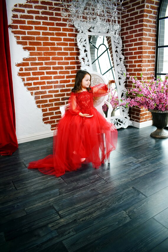 open lace back dress Sexy Plunging Neckline Red 3D Rose Princess Ball Gown