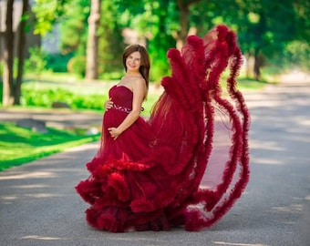 Zwangerschapsjurk, Jurk voor babyshower, Bourgondische zwangerschapsjurk, Zwangerschapsjurk, Zwangerschapsjurk, Fotoshoot jurk, Tulle zwangerschapsjurk