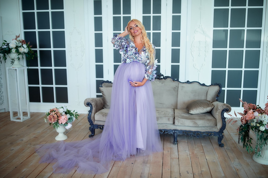fitted lace wedding dress Purple Gathered Waist Long Sleeve Maternity Dress   PinkBlush