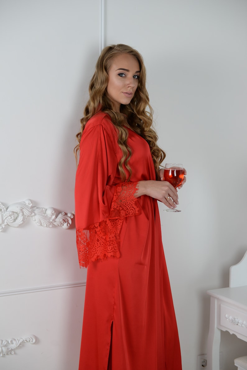 Red Silk Peignoir, Red Bridal Robe, Silk Lace Bridal Robe, Red Kimono ...