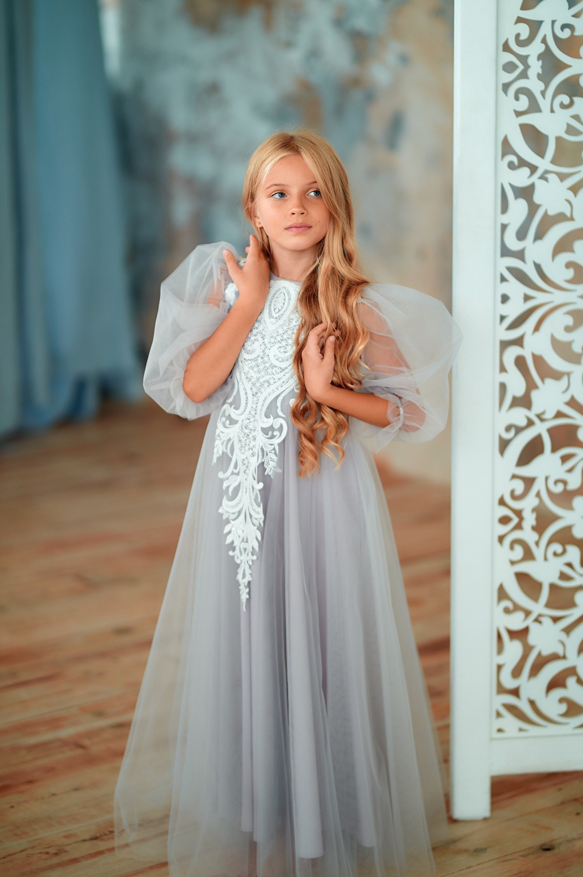 Dusty Blue Flower Girl Dress, Tutu Dress, Grey Party Dress , Lace