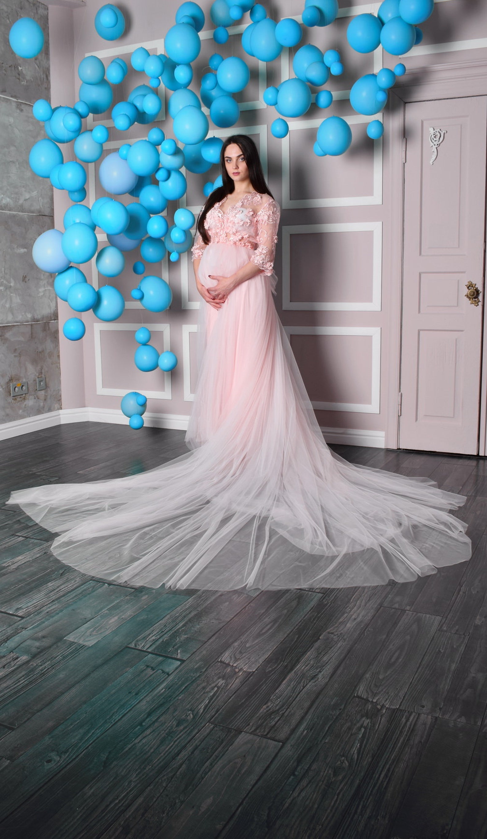 Pink Lace Maternity Long Dress