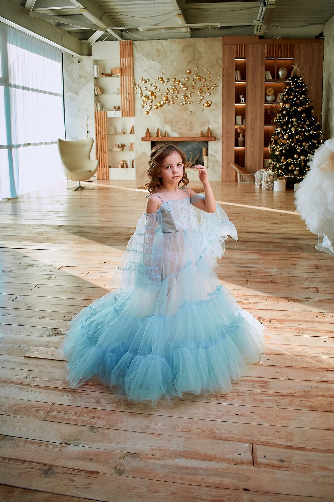 Light Blue Girl Dress, Flower Girl Dress, Tulle Flower Girl Dress