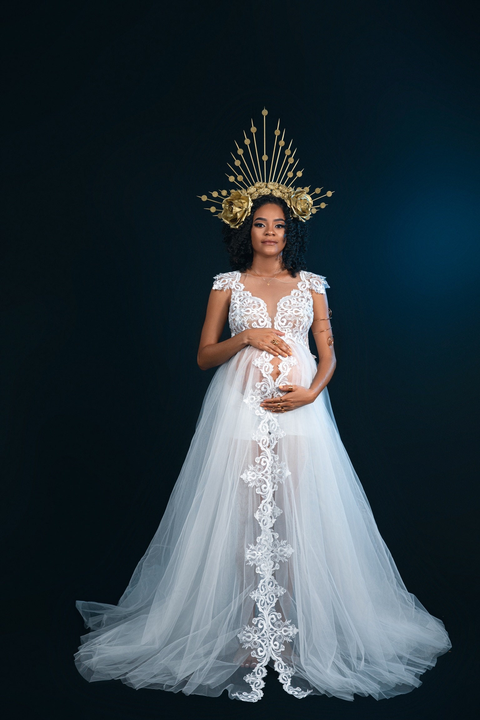 chinese dress ladies Kate Lace V-neck Trailing White Custom Maternity Photoshoot Gowns, XL / White main image 1