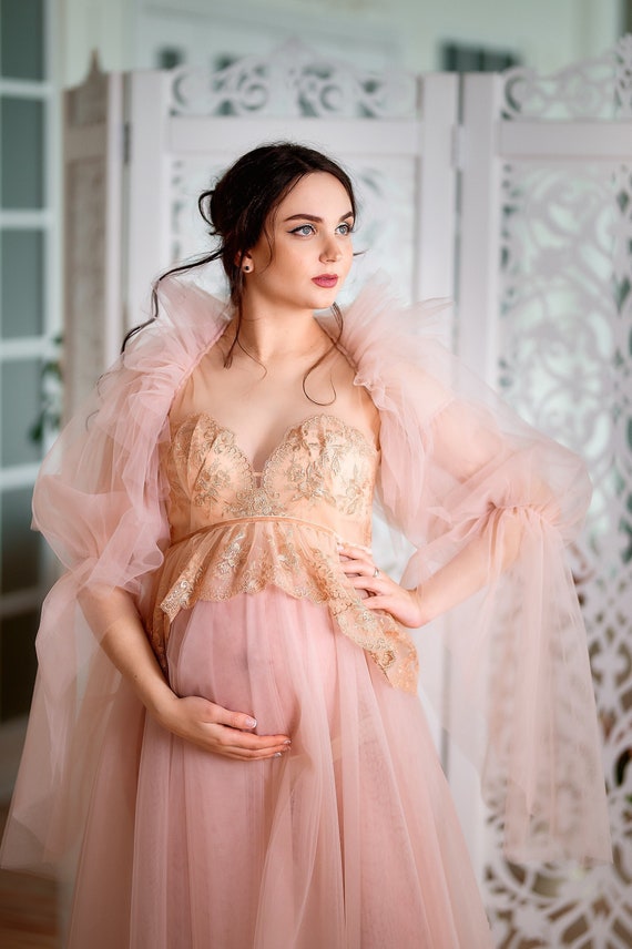 Tulle and Lace Maternity Gown, Corset Dress, Beige Baby Shower Dress,  Maternity Dress for Photo Shoot, Sheer Tulle Dress 
