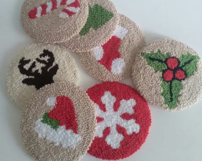 Christmas Punch Needle coaster, Coffee Coasters,Handmade rug, checkered mug coaster,Set of 2 Punch Mug Rug, Kitchen and Dining, Kawaii