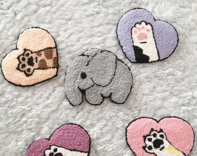 Punch Needle Coaster,Set of 2, Cat paw,Elephant Handmade Mug Rug,Drink Coaster,Tufted Mini Rug,Custom Mug Rug