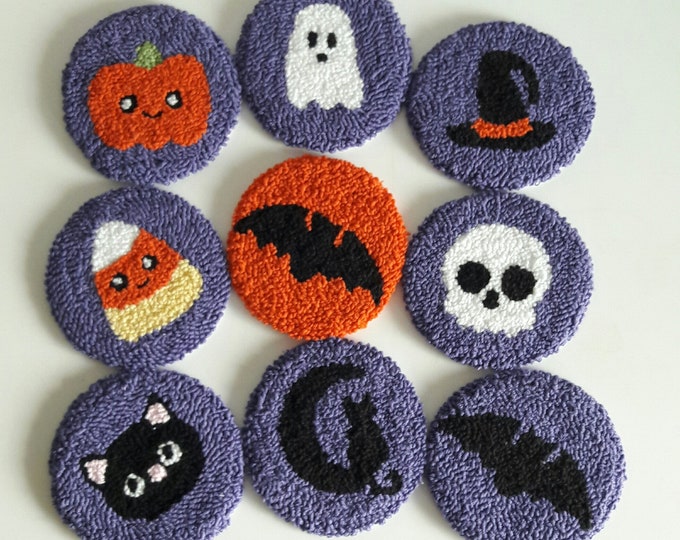 Halloween Punch Needle Coaster,Halloween wall hanging,gift, Drink Coaster,Set of 2, Punch, Souvenirs,Handmade ,Mug , Rug, Kitchen and Dining