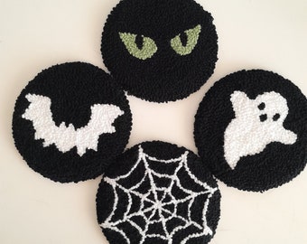 パンチニードルコースター、ハロウィンコースター、タフテッドカップコースター、ハロウィンマグラグ、手作りハロウィンギフト