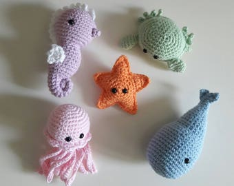 Amigurumi Sea Animals Set of 5 - Baby Gifts Crochet Whale,Jellyfish,Crab,Seahorse,Starfish,Plush - Handmade Ocean Toys,Baby Shower Gifts