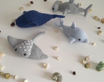 Amigurumi Ocean Animal Set – Crochet Whale,Dolphin,Hammerhead Shark,Stingray Plush – Baby Shower gifts,Handmade Sea Life Toys,Nautical Decor