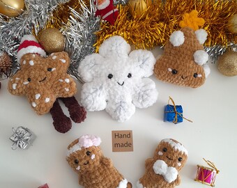Handmade Velvet Crochet Christmas Ornaments: Gingerbread, Star, Tree, Snowflake Set