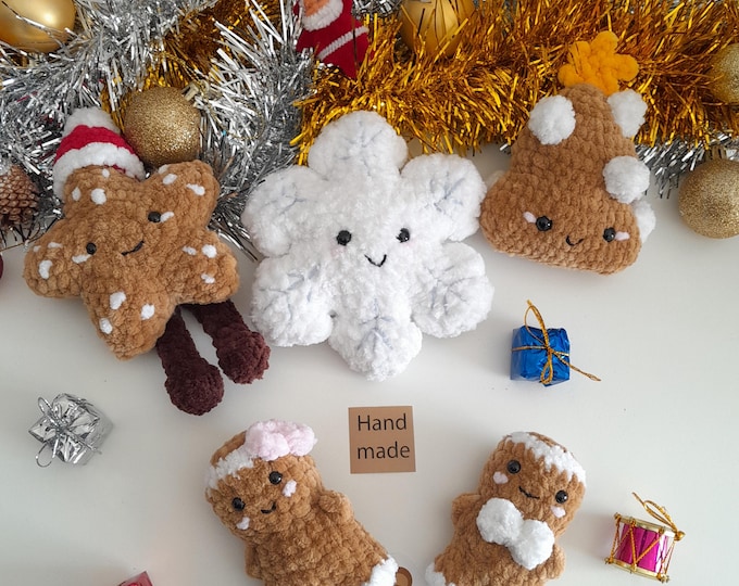 Handmade Velvet Crochet Christmas Ornaments: Gingerbread, Star, Tree, Snowflake Set