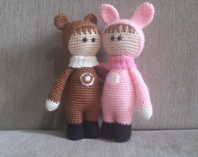 Amigurumi Bunny And Bear Dolls Brown Pink Organic Stuffed Toy Crochet Handmade Cotton Toy,