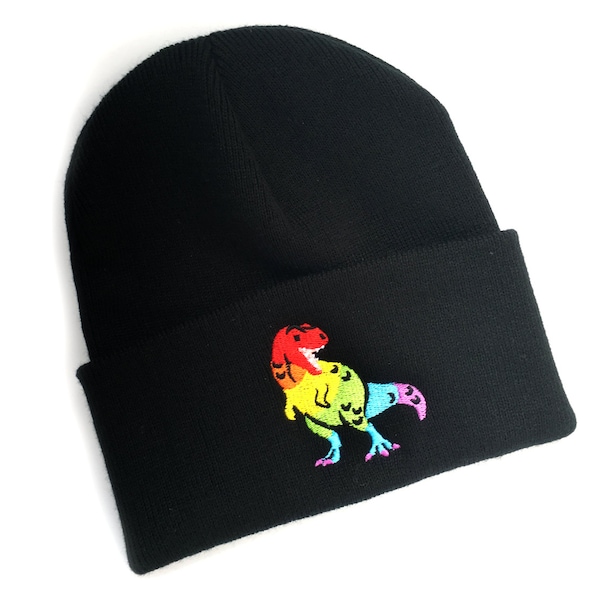 Rainbow T. Rex Beanie (knit beanie rainbow hat lgbt pin lgbtq gay pride rainbow dinosaur t rex dino queer gay lesbian bisexual transgender)