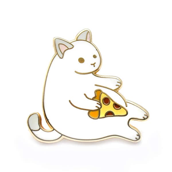 White Pizza Cat enamel pin (cute cat pin hard enamel pizza pin lapel pin badge kitten pin white cat pepperoni pizza gift cat lover gift)
