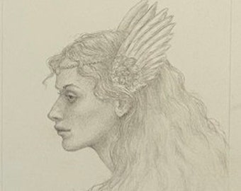 Lauren Mills' Original Miniature Graphite Drawing, Portrait of Sidhe (Faery) Woman