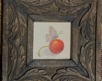 Lauren Mills' Original Miniature Oil, Butterfly and Cherry, with antique carved frame