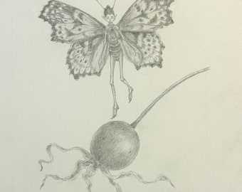 Lauren Mills' Original Graphite Drawing of a Rose Hip Fairy
