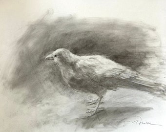 Lauren Mills' Original Charcoal Drawing of White Raven