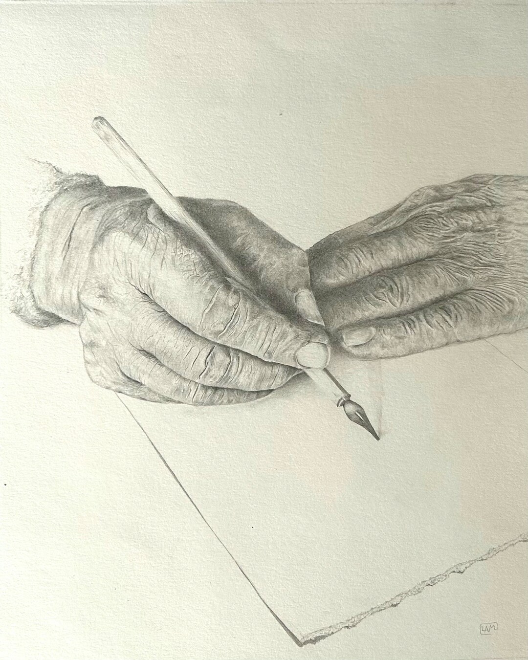 Lauren Mills' Original Graphite Drawing of Old Hands With Calligraphy ...