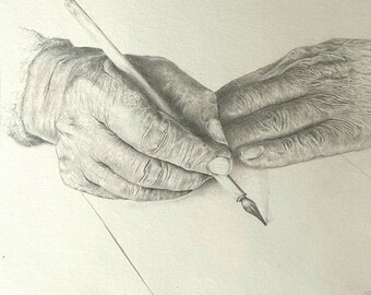 Lauren Mills' Original Graphite Drawing of Old Hands with Calligraphy Pen