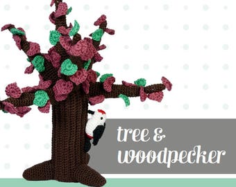 Tree and woodpecker, amigurumi crochet pattern, PDF ENG