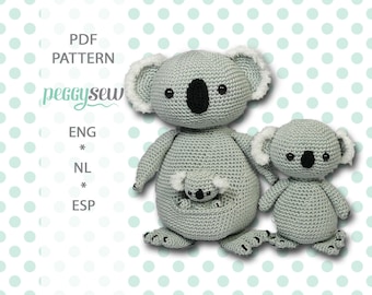 PDF Amigurumi Crochet Pattern: Koala Family - Mother, Baby, and Little Brother - Dutch, English, and Spanish - Detailed with Many Photos"