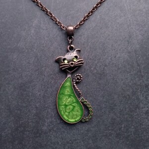 Emerald Green Cat Necklace: Hand Painted Copper Pendant