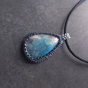 Handmade Azurite Pendant Necklace: Japanese Seed Bead Embroidered, Black Silk Cord