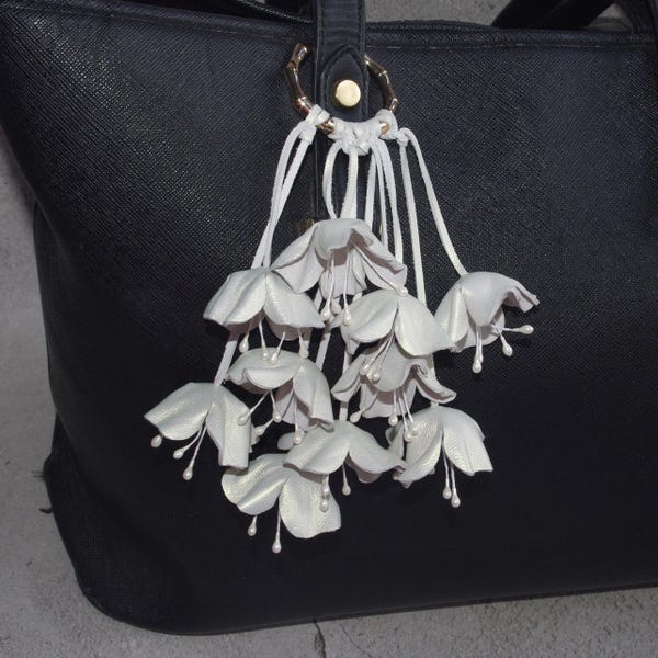 White Leather Flower Bag Charm: Handmade Pearlized  Floral Handbag Accessory