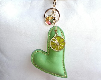 Green Leather Heart Bag Charm – Lemon Lime Keychain