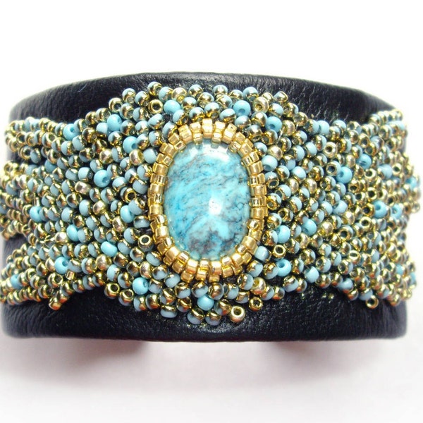 Turquoise bracelet Cuff bracelet Leather cuff Turquoise cuff bracelet Woman bracelet Embroidered bracelet Third anniversary gift Wife gift