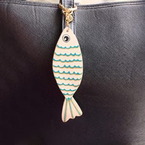 Ivory striped fish leather bag charm - Sardine purse charm - Blue gold fish handbag leather charm - 3rd anniversary gift