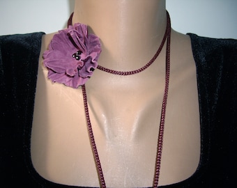 Flower choker, Natural suede flower necklace with faceted garnet, Capricorn gift, Handmade leather floral choker necklace, 3rd anniversary