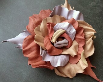 Large flower brooch, Terracotta lavender and peach leather rose brooch, Oversized flower pin, Bonus Mom gift, Gift for sister