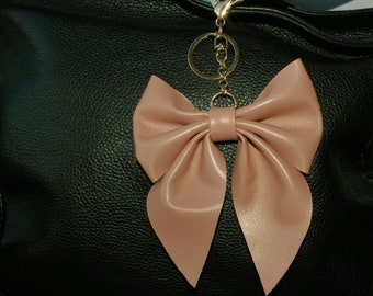 Peach bow leather bag charm, Bow charm, Handbag leather charm, Bag coquette decor, Leather key holder, Gift for sister, Gift for friend