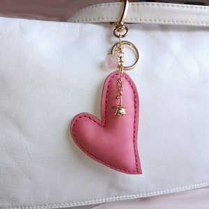 Hot pink heart leather bag charm - Rose charm keychain - Pink handbag leather charm - Leather key holder -  Gift for mom